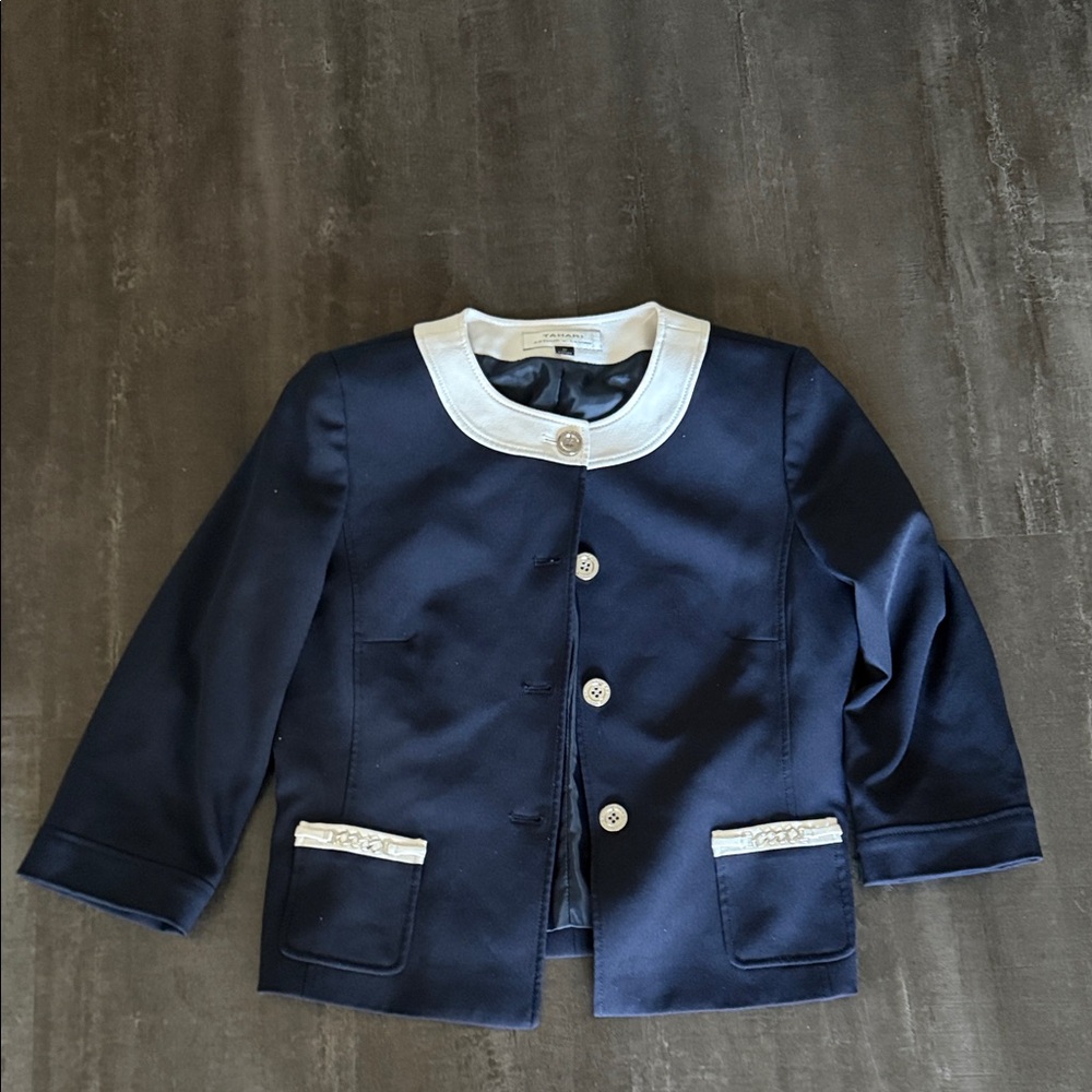 Tahari ASL Blazer in Deep Blue with Cream Details
